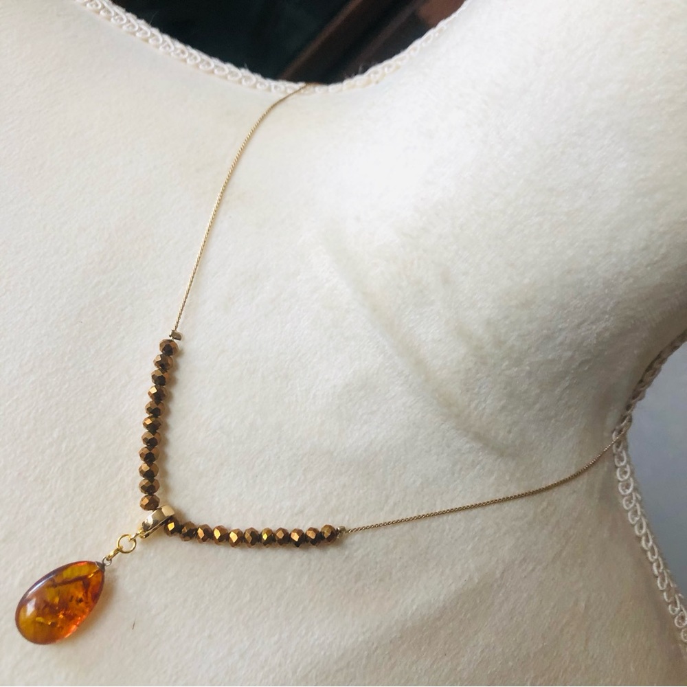 Handcrafted simulated amber raindrop pendant chain necklace